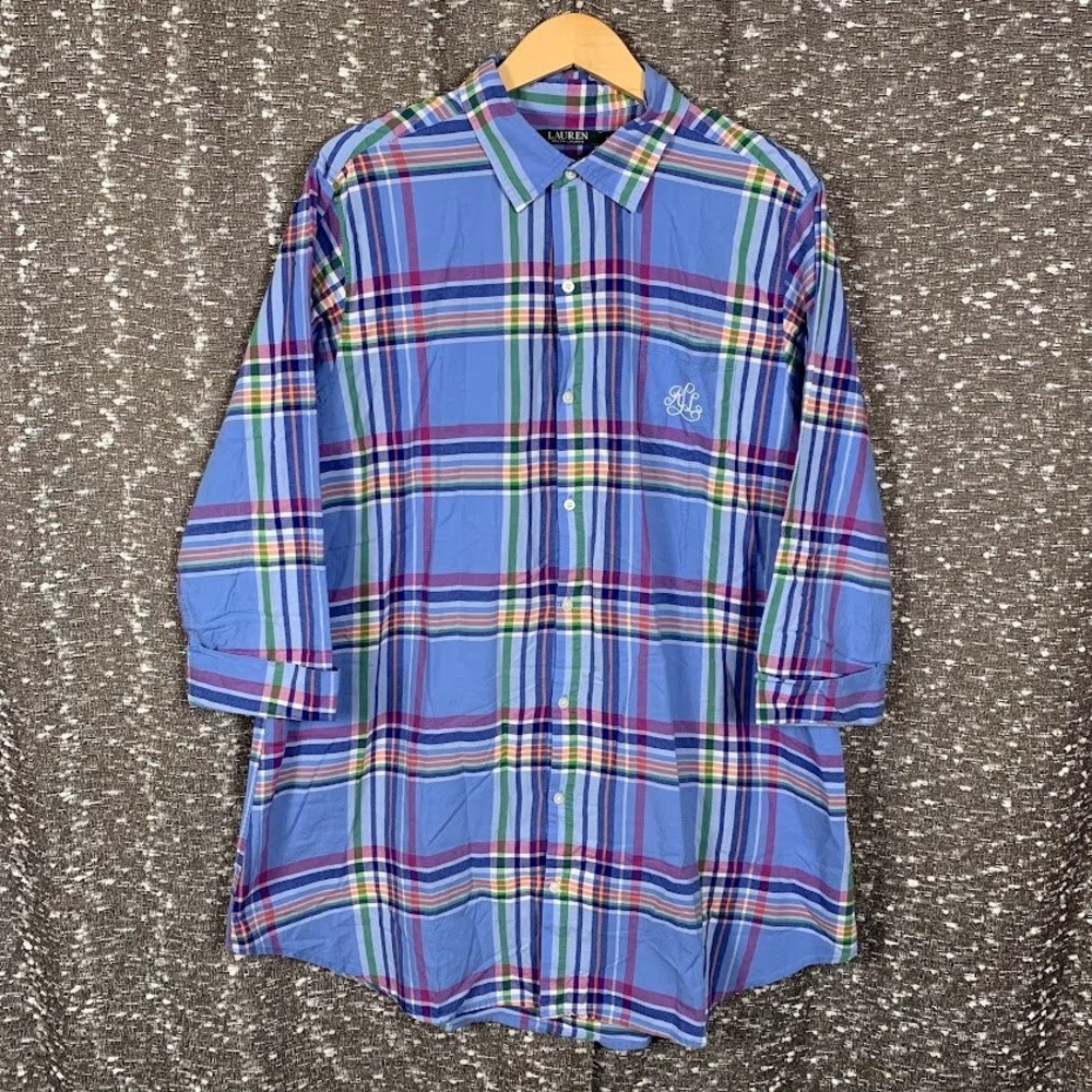 Lauren Ralph Lauren Blue Plaid Monogram Button Down Sleep Shirt LRL Womens Large
